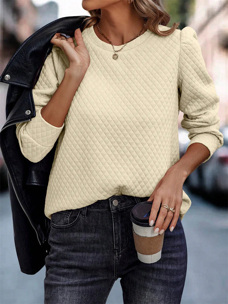 New Air Plaid Puff Sleeve Sweatshirt Top For Women